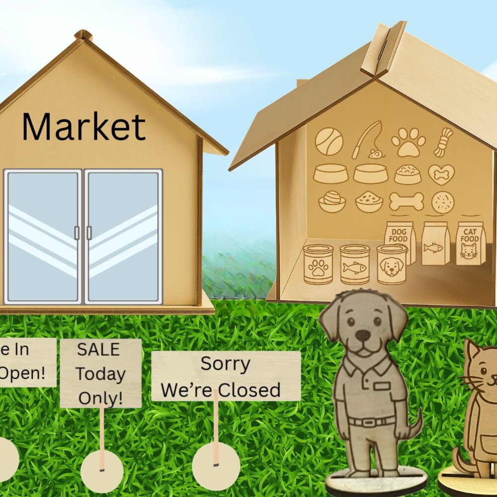 Mini Pet Grocery Kit for Kids, DIY Wooden Pet Shop with Pets & Accessories